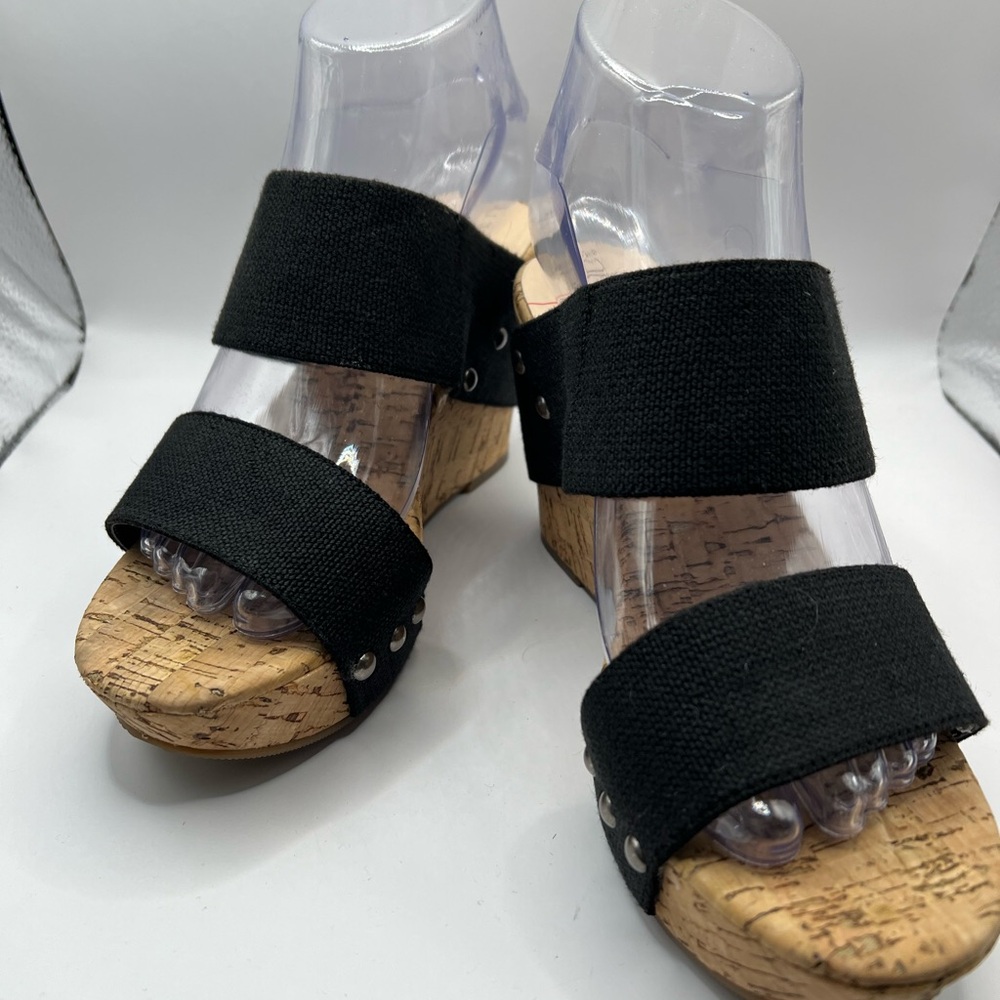 Sole Society Black Cork Wedge Sandals with Stud Accents